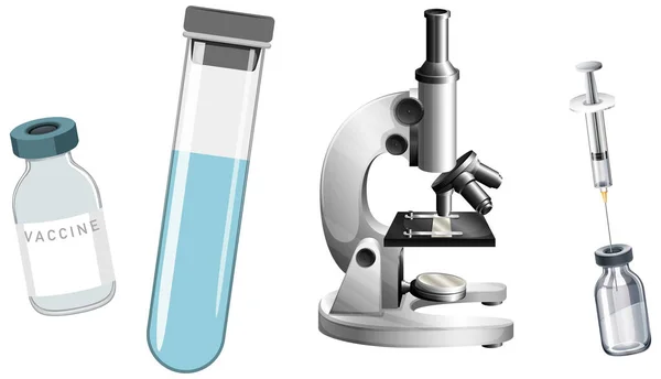 Set Siringhe Flaconcini Vaccino Illustrazione Coronavirus Microscopio — Vettoriale Stock