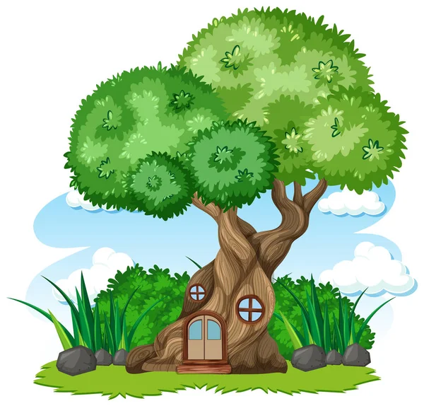 Tree House Some Grass Cartoon Style White Background Illustration — Stock Vector