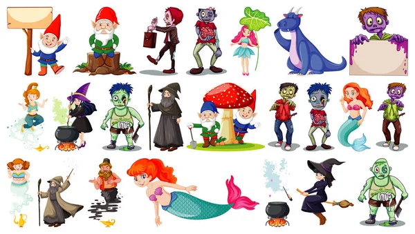 Conjunto Personajes Dibujos Animados Fantasía Tema Fantasía Aislado Ilustración Fondo — Vector de stock