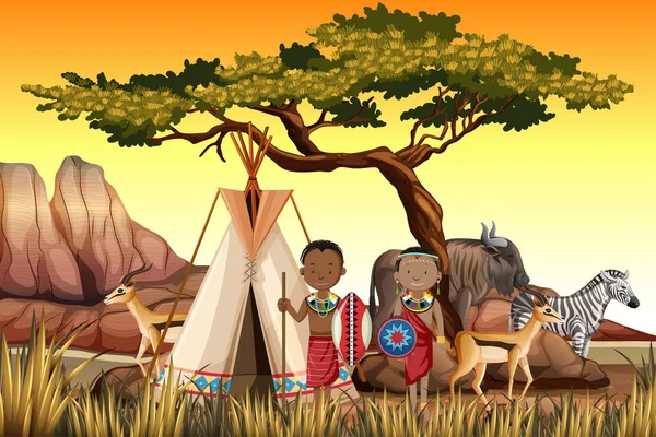 Gente Etnica Tribù Africane Abiti Tradizionali Natura Sfondo Illustrazione — Vettoriale Stock