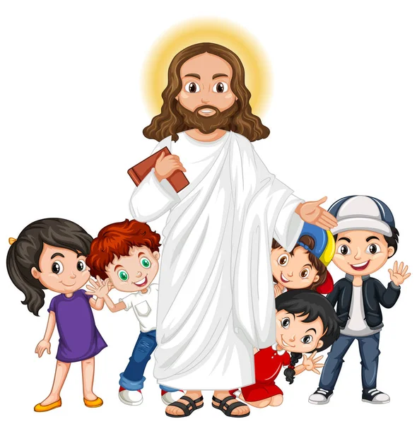 Jesus Com Grupo Crianças Ilustração Personagem Desenho Animado — Vetor de Stock