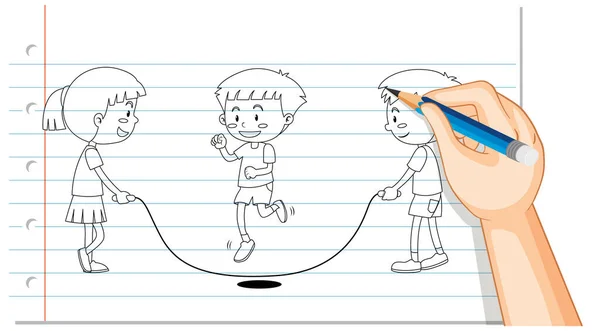 Dibujo Manual Niños Saltando Ilustración Del Contorno Cuerda — Vector de stock