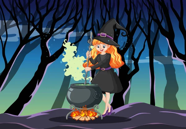 Witch Black Magic Pot Cartoon Style Dark Forest Background Illustration — Stock Vector
