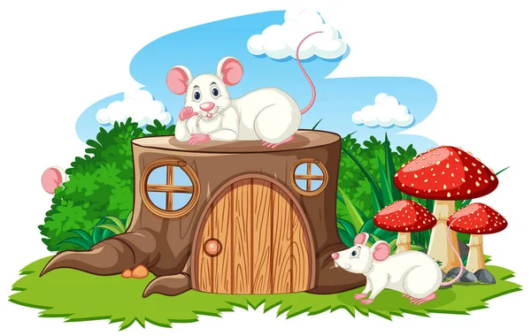 Stumpf Haus Mit Weißer Maus Cartoon Stil Auf Weißem Hintergrund — Stockvektor
