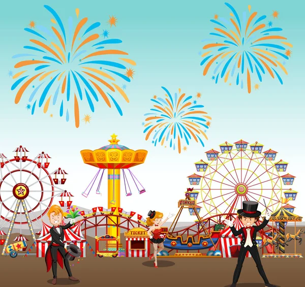 Parque Atracciones Con Circo Ferris Rueda Fuego Trabajo Fondo Ilustración — Archivo Imágenes Vectoriales