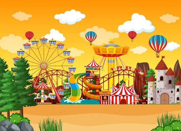 Amusement Park Scene Overdag Met Ballonnen Lucht Illustratie — Stockvector