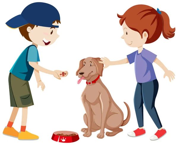 Двое Детей Практикуют Кормят Собаку Изолированной Иллюстрацией — стоковый вектор
