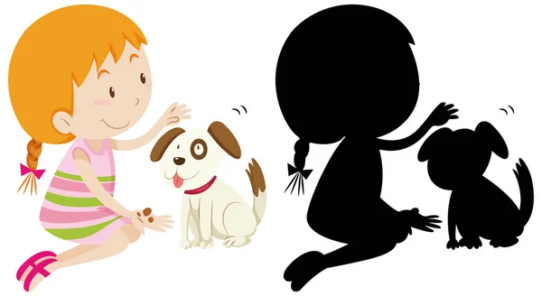 Девушка Играет Симпатичной Собакой Силуэтом Иллюстрации — стоковый вектор