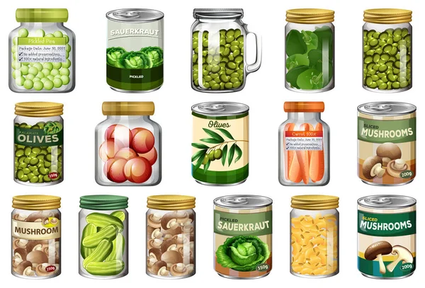 Set Van Verschillende Blikken Voedsel Voedsel Potten Geïsoleerde Illustratie — Stockvector
