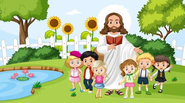 Jesus Children Park Illustration — Stock Vector