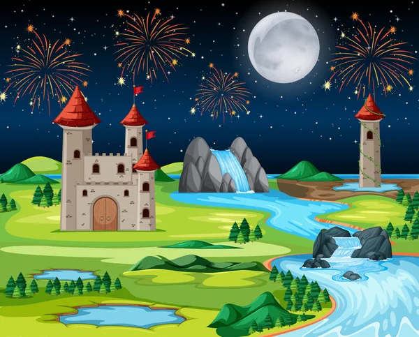 Theme night castle park with fire work and balloon landscape scene  illustration