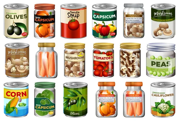 Set Van Verschillende Blikken Voedsel Voedsel Potten Geïsoleerde Illustratie — Stockvector