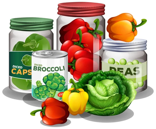 Gemüsegruppe Mit Gemüse Gläsern Auf Weißem Hintergrund — Stockvektor
