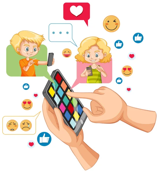Jongen Meisje Chatten Smart Phone Met Social Media Facebook Icoon — Stockvector