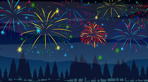 Erdő Ünnepi Tűzijáték Jelenet Illusztráció — Stock Vector