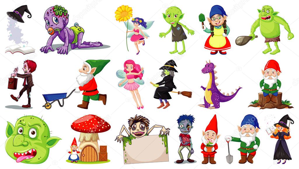 Set of fantasy cartoon characters and fantasy theme isolated on white background illustration