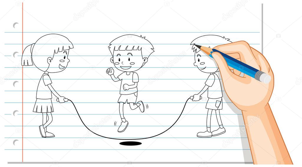 Hand drawing of kids jumping rope outline illustration