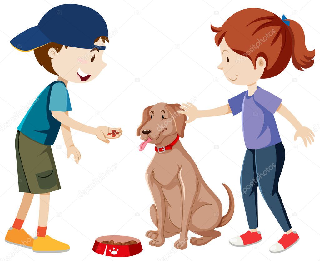 Two kids practicing and feeding their dog cartoon isolated illustration