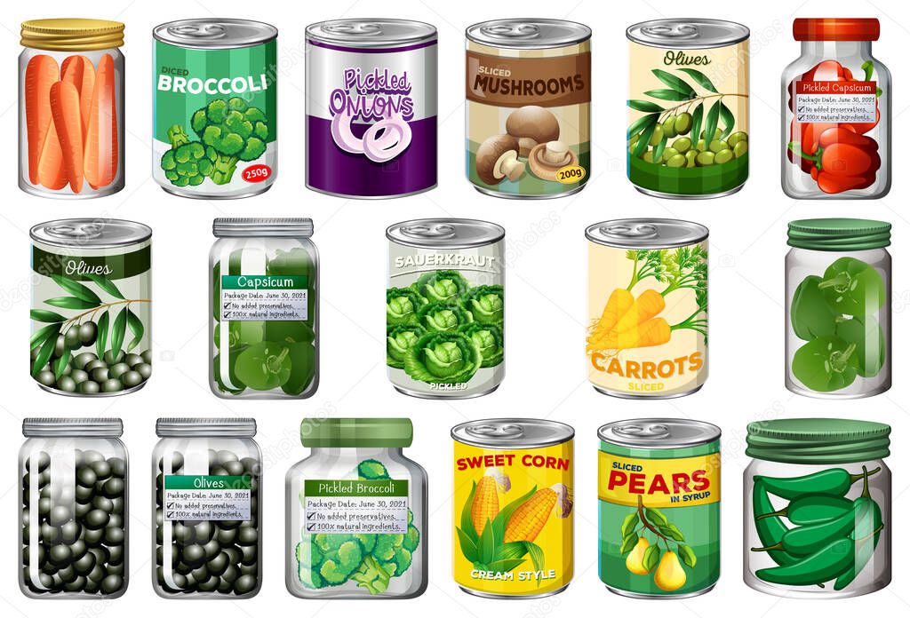 Set of different canned food and food in jars isolated illustration