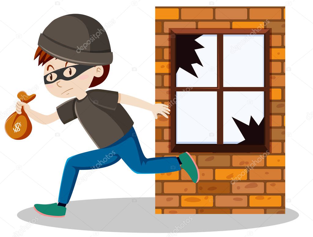 Robber or thief broke the window glass and holding small money bag cartoon isolated illustration