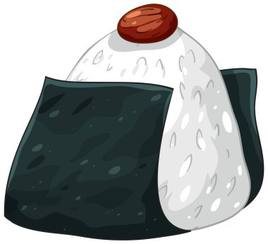 Deniz yosununa sarılı onigiri pirinç topunun vektör çizimi, umeboshi ile kaplanmış, çizgi film tarzı.