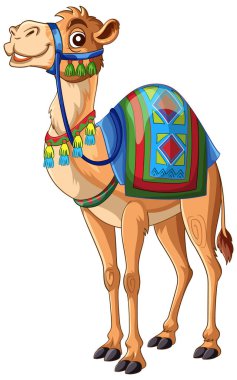 Çizgi film devesi dik duruyor, canlı desenli eyer battaniyesi ve dekoratif koşumlarla süslenmiş.