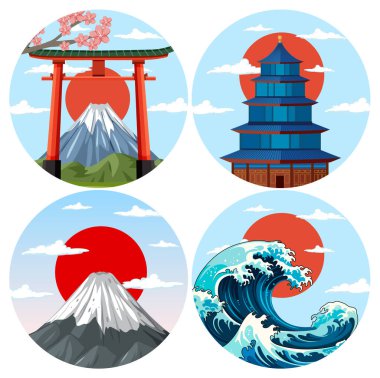 Fuji Dağı, torii kapısı, pagoda, ve kalın renkli dalga simgeleri ve temiz çizgiler.