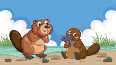Gülümseyen ornitorenk ve kunduz dostlarının çizgi film vektörü parlak bir gökyüzünün altında nehir kenarında.