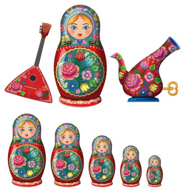 Rus matrioshka bebekleri, çiçek balalaykası ve halk sanatı tarzında süslü semaver..