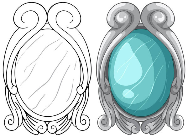 Элегантная векторная иллюстрация декоративной серебряной зеркальной рамы, цветной и очерченной, с голубым драгоценным камнем в центре