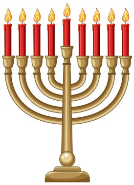 Dokuz yanan kırmızı mumlu zarif vektör menorası, altın taban, temiz çizgiler, beyaz arkaplan