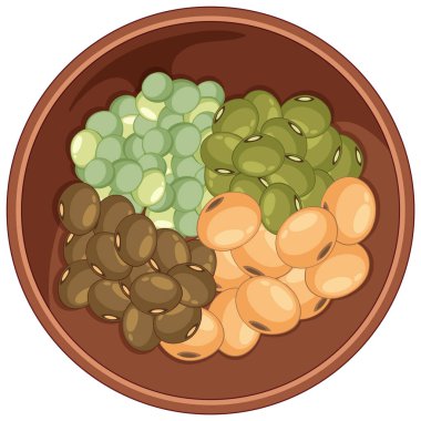 Yuvarlak ahşap bir kâse içindeki mercimeğin düz vektör çizimi, üst manzara, temiz çizgiler..