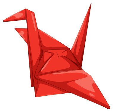 Keskin geometrik kıvrımlar ve vurgularla temiz vektör biçiminde yapılmış parlak kırmızı origami turnası