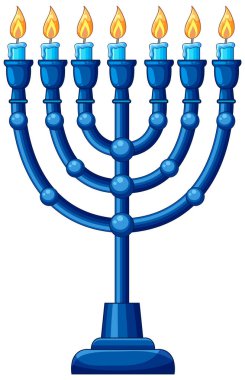 Dokuz yanan mumla stilize edilmiş mavi menorah, temiz vektör çizgileri, beyaz arka plan, canlı renkler