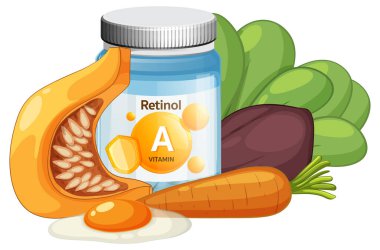 A vitamini takviyesi kabak, havuç, ıspanak ve yumurta içeren düz vektör çizimi.