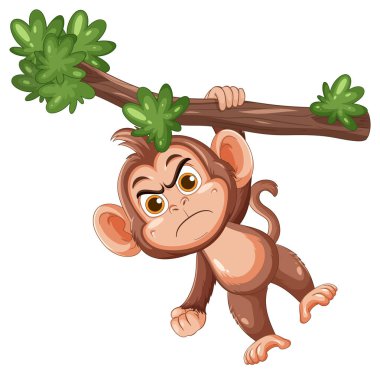 Kaşlarını çatmış bir maymunun renkli çizgi film vektörü yapraklı bir dalı kavrıyor, kalın çizgiler, izole edilmiş..