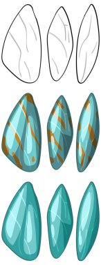 Cilalanmış turkuaz değerli taşlar vektör stili, çeşitli aşamalar, temiz çizgiler, canlı mavi-yeşil renkler