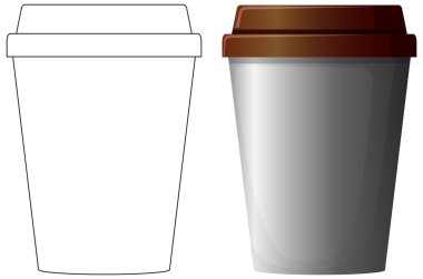 Basit siyah taslak versiyonunun yanında kahverengi kapaklı gerçekçi vektör kahve fincanı, izole edilmiş arka plan.