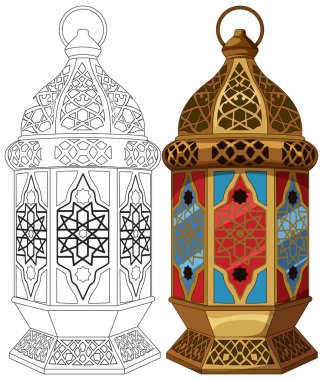 Renk ve dış hat olarak karmaşık Orta Doğu feneri, geometrik desenler, düz vektör biçimi