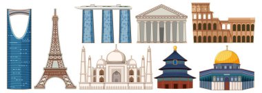 Canlı renkleri ve detaylı mimari özellikleri olan ikonik dünya simgelerinin modern vektör illüstrasyonu.