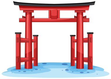 Kırmızı torii kapısı sığ mavi suda duruyor, temiz vektör stili, kalın renk paleti