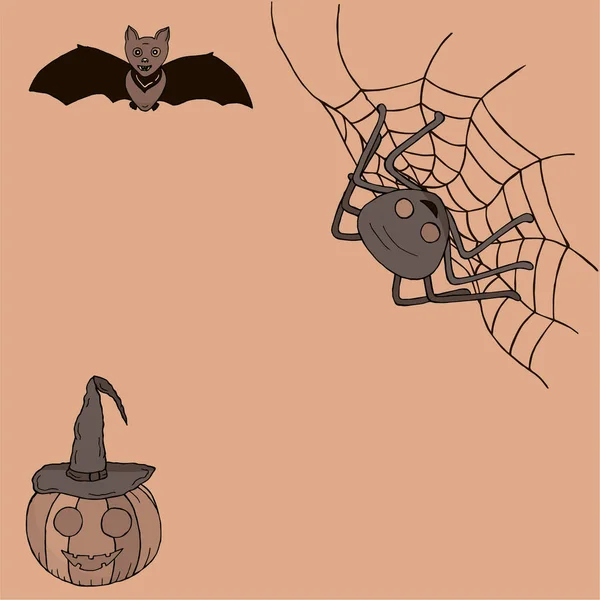 Modelo Para Halloween Abóbora Com Chapéu Bruxa Morcego Aranha Teia — Vetor de Stock