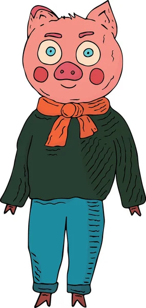 穿毛衣 牛仔裤和围巾的猪 向量例证 — 图库矢量图片