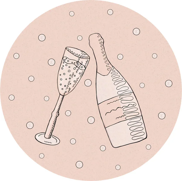 Vektorillustration Rosa Champagner Mit Einem Glas Und Blasen — Stockvektor