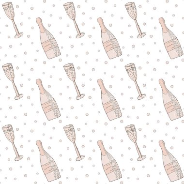 Seamless modeli. Pembe şampanya, şampanya bardağı ve beyaz bir arka plan üzerinde kabarcıklar. Vektör.
