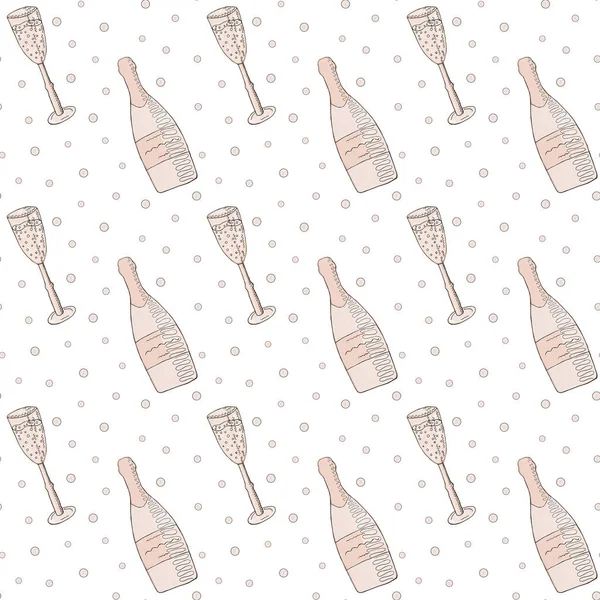 Nahtloses Muster Rosafarbener Champagner Sektgläser Und Blasen Auf Weißem Hintergrund — Stockvektor