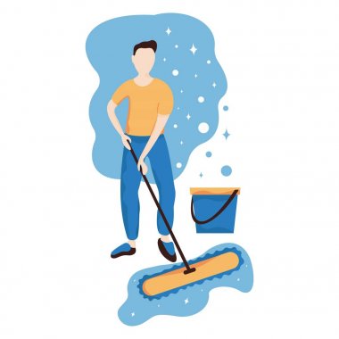 Yerleri yıkıtamam. Düz kompozisyon. Adam bir paspas ile zemin yıkar, onun yanında bir su kovası ve dekoratif daireler ve vurgular olduğunu. Arkasında mavi noktalar var. Vektör.