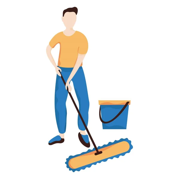 Man Washes Floor Mop Next Him Water Bucket Flat Composition — Stock Vector