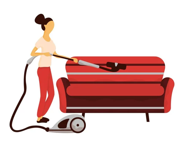 Woman Vacuums Sofa Flat Composition White Background Vector — Stock Vector