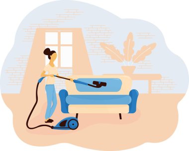 Bir kadın bir pencere, bir tuğla duvar ve bir bitki ile bir masa arka plan karşı bir kanepe vakumlama. Dalgalı bir şekilde düz kompozisyon. Pastel tonları. Vektör.